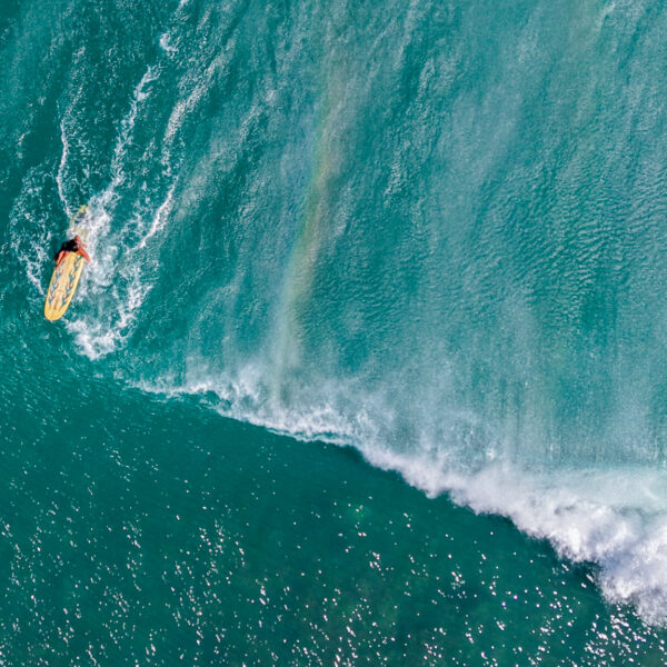 Surfer sitting on a board beside a powerful turquoise wave, aerial view