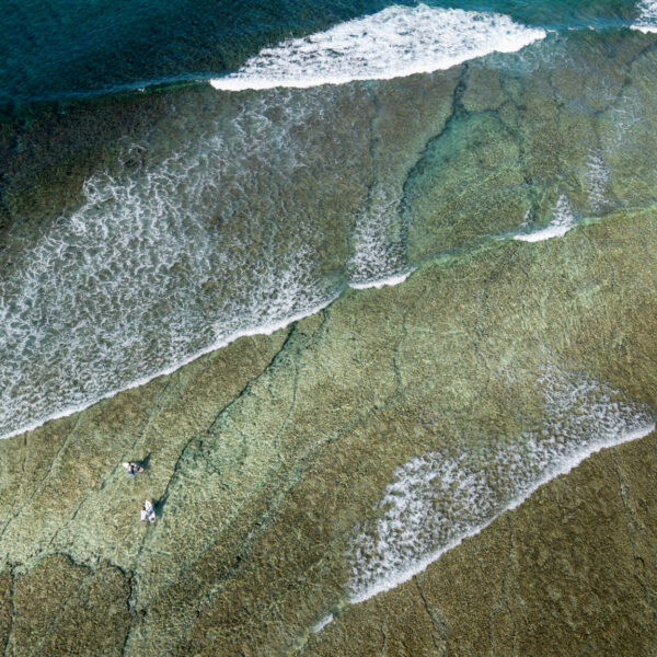 Aerial surf photography showing surfers walking across a shallow reef as waves roll through